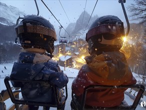 Children are traveling with a ski school in the mountains and learning to ski, AI generated