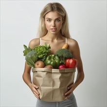 Shopping in supermarket with big paper bag full of vegetables and fruits, ai generated, AI
