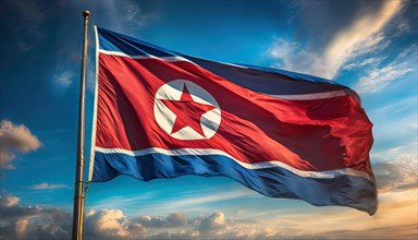 The flag of North Korea flutters in the wind, isolated against a blue sky