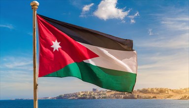 The flag of Jordan flutters in the wind, isolated against a blue sky