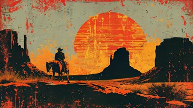 Graphic illustration of a cowboy on horseback in silhouette against a vibrant desert sunset, ai