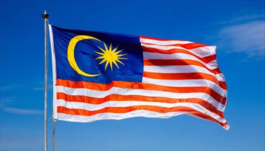 The flag of Malaysia, fluttering in the wind, isolated, against the blue sky