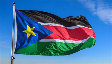 The flag of South Sudan, fluttering in the wind, isolated, against the blue sky