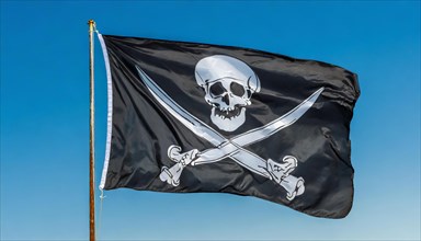 The pirate flag flutters in the wind, isolated, against the blue sky