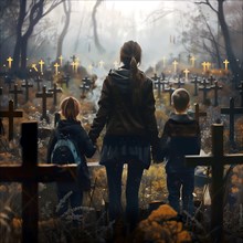 A woman with children watches the dawn in an atmospheric cemetery, war, war graves, military