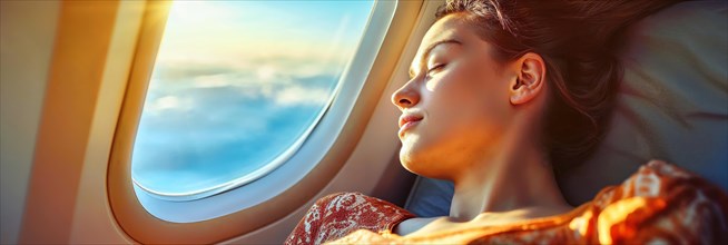 Relaxed woman leaning against the window of an aeroplane, head tilted towards the sky, AI