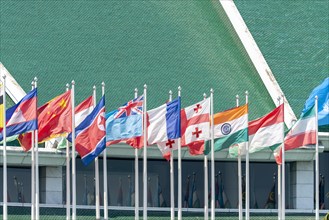 Many flags in front of the United Nations Conference Centre, Bangkok, Thailand, Asia