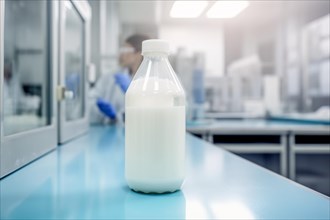 Bottle of milk in laboratory. KI generiert, generiert, AI generated