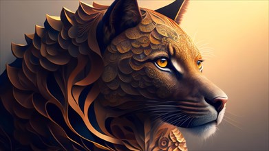 3d illustration of a lioness with golden skin. Fantasy animal, AI generated