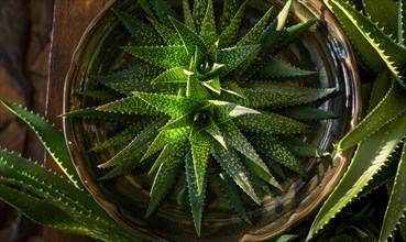 Aloe vera leaves in a pot, closeup view, top view AI generated
