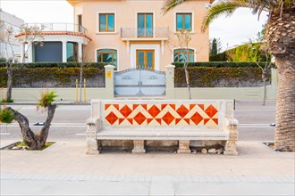 Bench on the promenade in Sitges, Spain, Europe