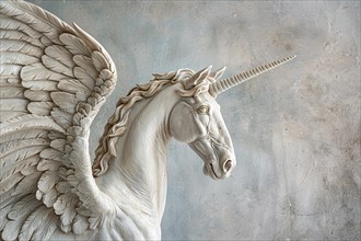 Sculpture of beautiful Pegasus with unicorn horn. KI generiert, generiert, AI generated