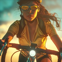 Cyclist riding at sunrise, blinded by the rays of the morning sun, AI generated