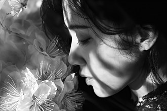 Mother's Day, detailed black and white image of a woman smelling flowers, AI generated, AI