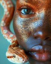 Woman with a textured skin effect holding a snake, exuding a strong presence, blurry teal turquoise