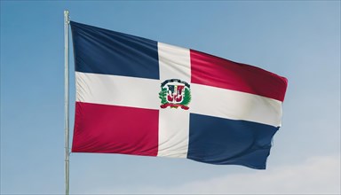 The flag of the Dominican Republic flutters in the wind, isolated against a blue sky