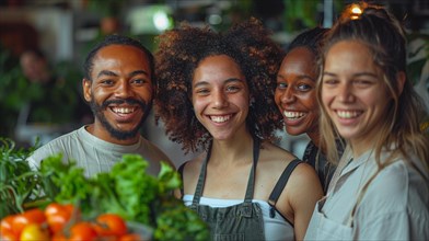 Happy, diverse friends posing together in a vibrant community kitchen setting with fresh produce,