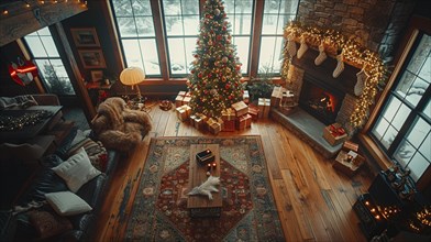 Tranquil scene with a Christmas tree and a lit fireplace in a cozy room with snow outside, AI