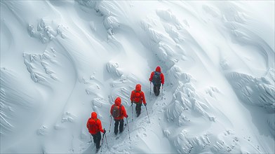 Mountaineers ascending a snowy slope in a stark white winter landscape, AI generated