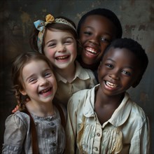 Four laughing children hugging each other lovingly in vintage clothes, group picture with laughing