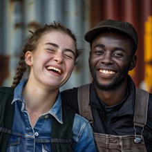 Two smiling young people show their teeth and convey a feeling of simple natural joy, group picture
