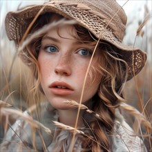 A young woman in a straw hat looks through a field of grasses, the atmosphere is gentle and