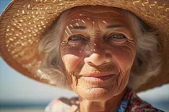 Elderly woman with summer straw hat at beach. KI generiert, generiert, AI generated