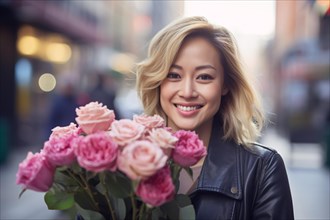 Young Asian woman with bouquet of pink flowers in street. KI generiert, generiert, AI generated
