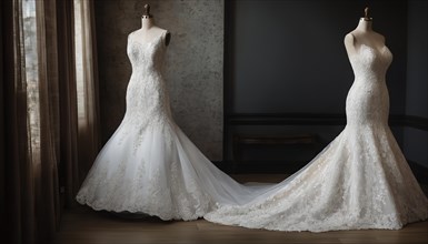 Wedding dress on a mannequin in a bridal salon. ai generative, AI generated