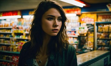 Beautiful young woman shopping in a grocery store, looking for food. ai generative, AI generated