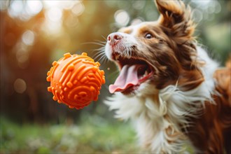 Dog playing fetch with orange ball toy. KI generiert, generiert, AI generated