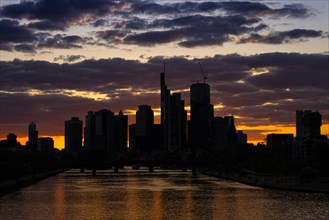 Clouds pass over the Frankfurt bank skyline in the evening after sunset, Frankfurt am Main, Hesse,