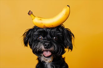 Funny dog with banana fruit on head in front of yellow studio background. KI generiert, generiert,