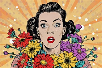 Sceptical woman in pop art style framed by flowers on orange ray background with dots, AI