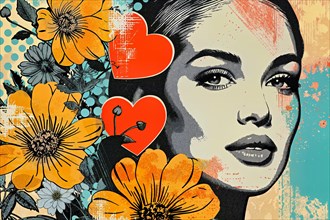 Admiring woman in pop art style with orange flowers and hearts on aquamarine background, AI