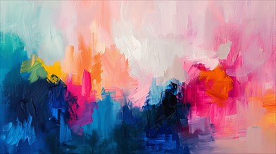 Colorful abstract painting with dynamic strokes of pink, blue, and orange on a canvas, ai