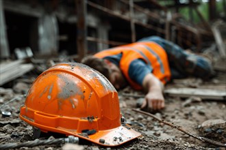 Orange safety helmet with injured construction worker lying on ground after accident at