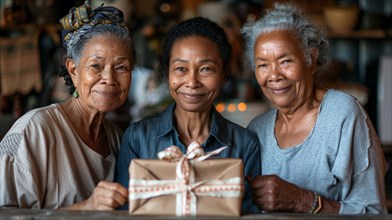Three elderly women smiling together, holding a gift with a warm emotional bond, AI generated