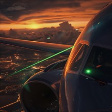 Pilot in the cockpit of an aeroplane flying over a city with green lasers at night, laser attack on