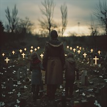 A family stands in a cemetery, surrounded by crosses as darkness falls, war, war graves, military