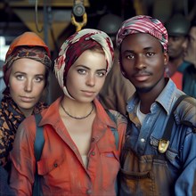 Portrait of three young people with intense gaze in coloured work clothes, group picture with