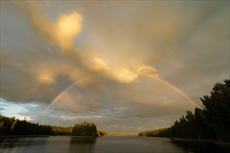 Rainbow, lake near Hartola, forest, evening mood, Finland, Europe