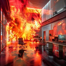 A futuristic-looking office with glass walls is haunted by wild flames and red light, AI generated