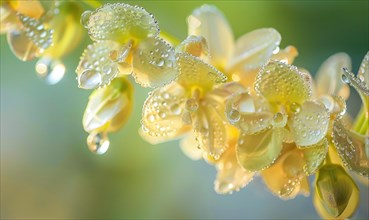 Close-up of dew-covered laburnum flowers in the early morning AI generated