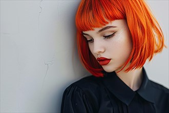 Portrait of young attractive woman with red hair with bob hairstyle with bangs and black eye makeup