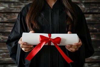 Woman in graduation robe holding degree paper certificate roll with red ribbon. KI generiert,
