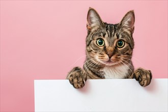 Tabby cat holding empty white paper in front of pink studio background with copy space. Generative