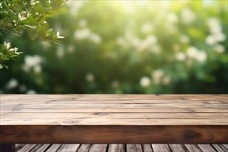Wooden empty table with blurry nature background. KI generiert, generiert, AI generated