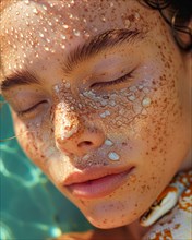 Serene underwater image of a woman with freckles and glitter, evoking tranquility, blurry teal