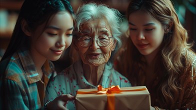 A heartwarming scene of an elderly woman with young family members sharing a gift, AI generated